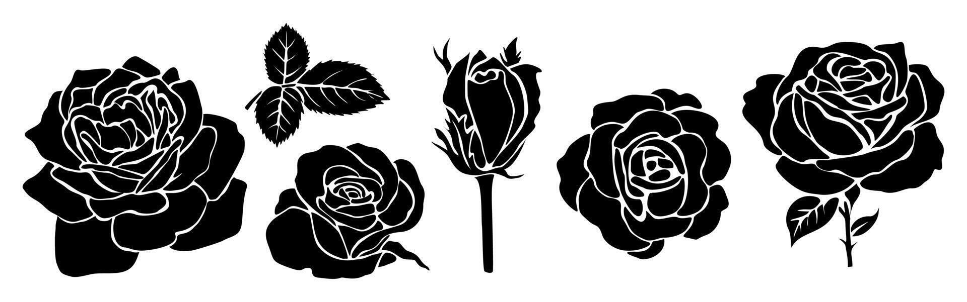 Set of black silhouettes of decorative fresh blossoming rose with steam and leaves. Hand drawn outline flower icon vector