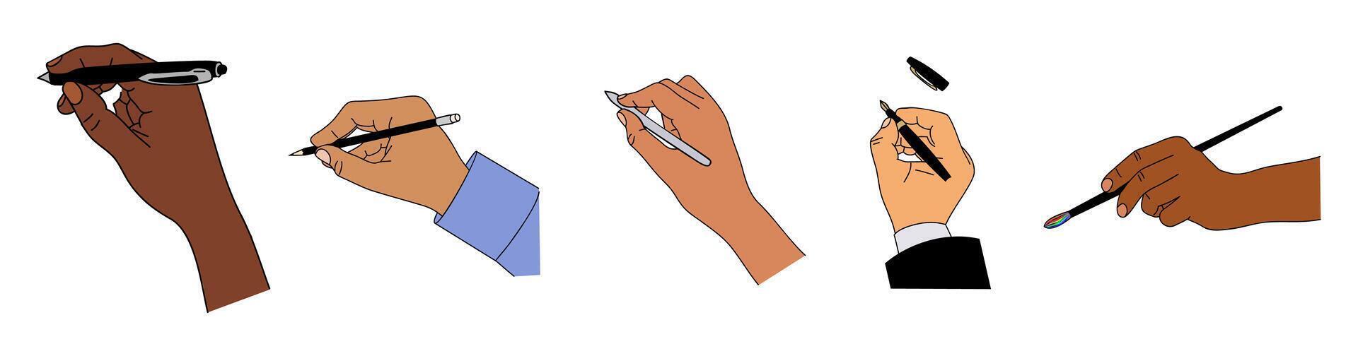 Set of Different Hands with writing tools . vector
