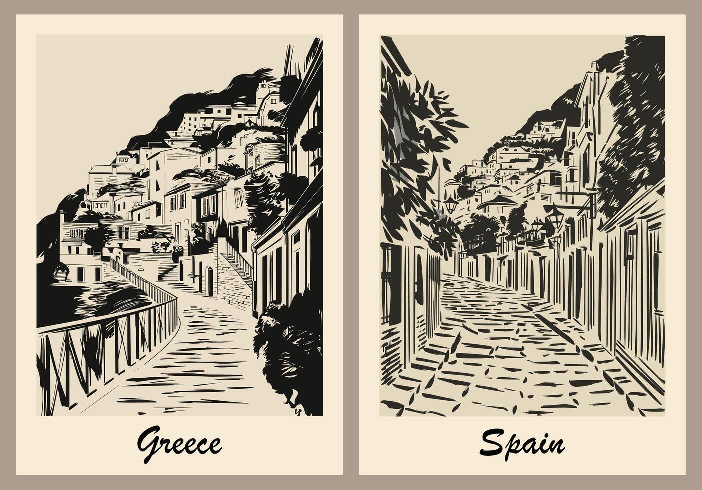 Greece and Spain Travel Posters in retro style. vector