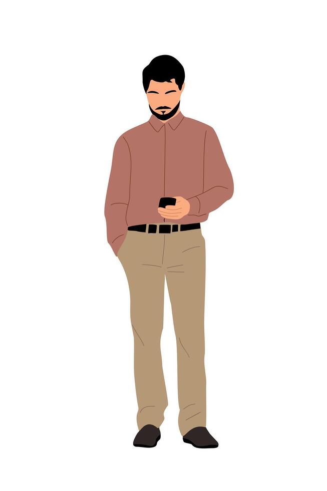 Business man standing with mobile phone isolated. vector
