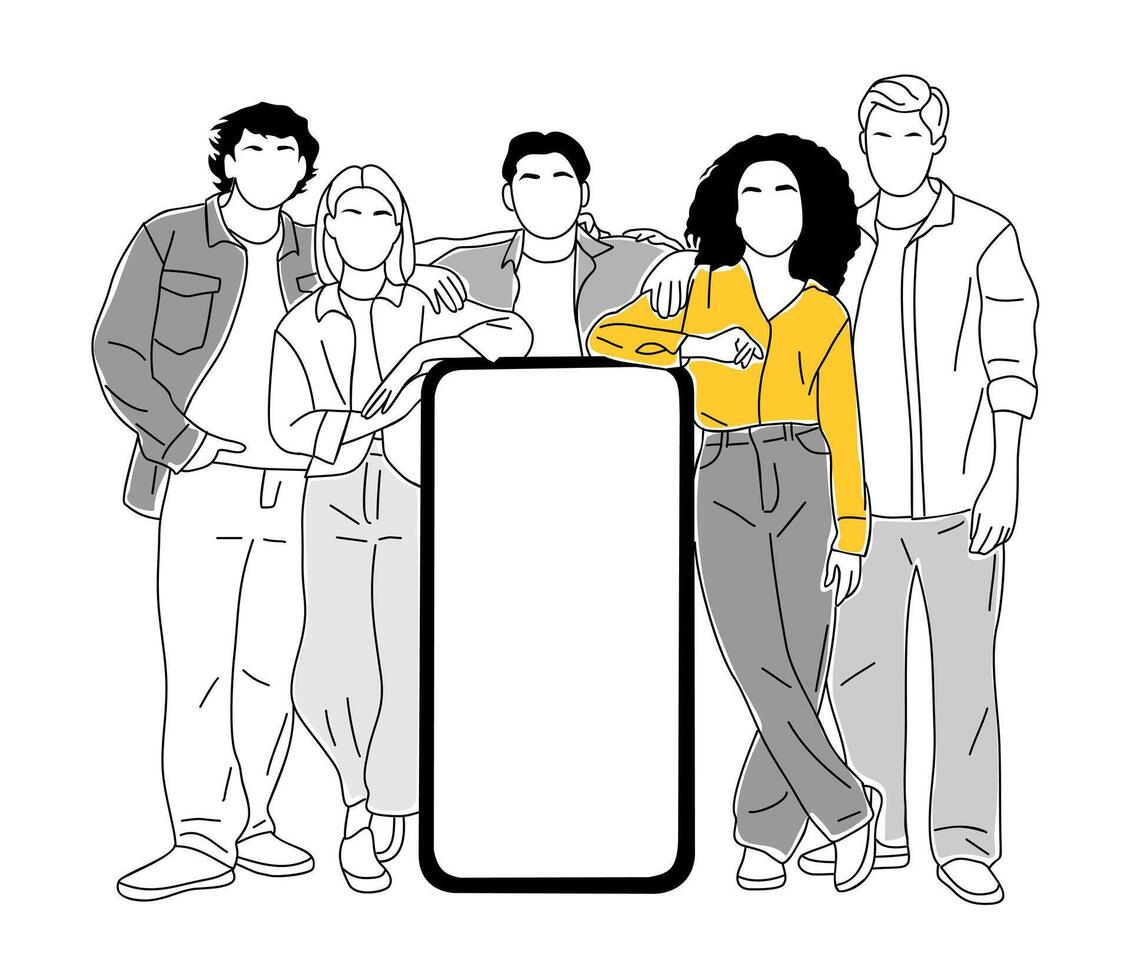 Business team standing near huge smartphone vector