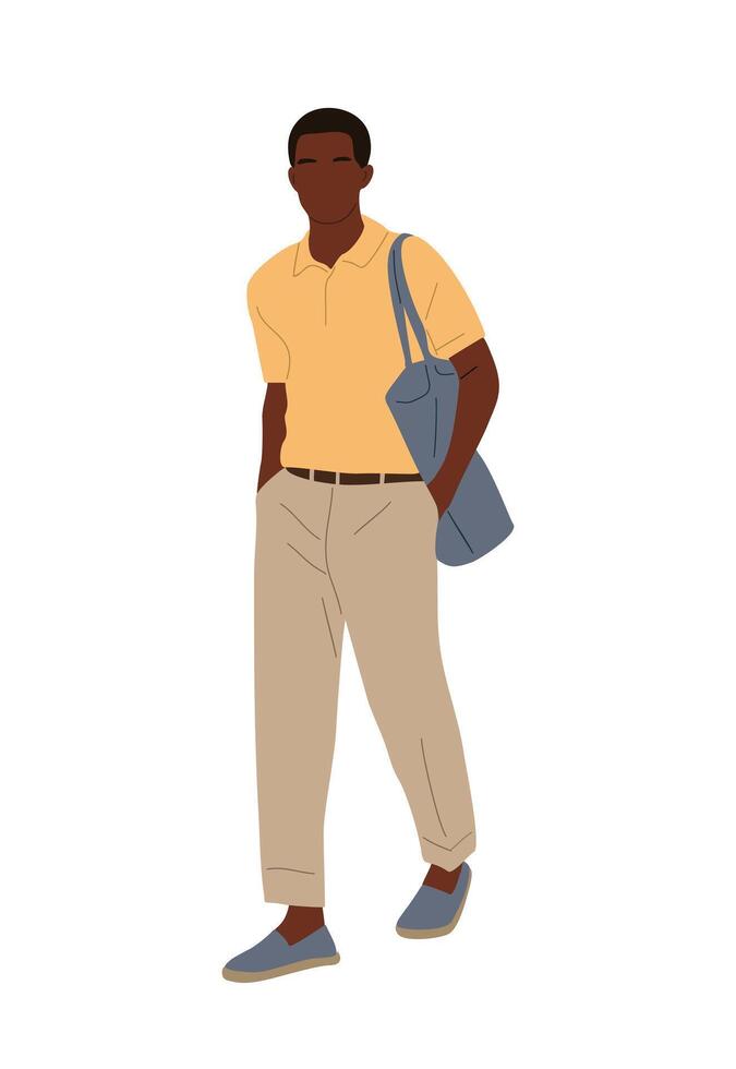 Stylish black man in casual outfit walking. vector