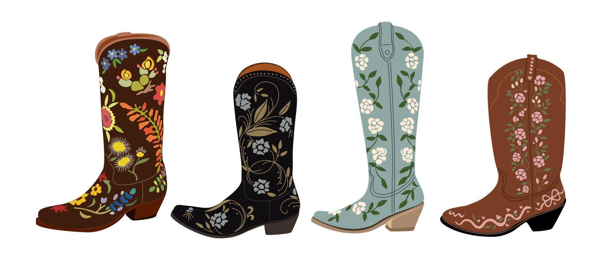 Set of Cowboy boots decorated with floral elements vector