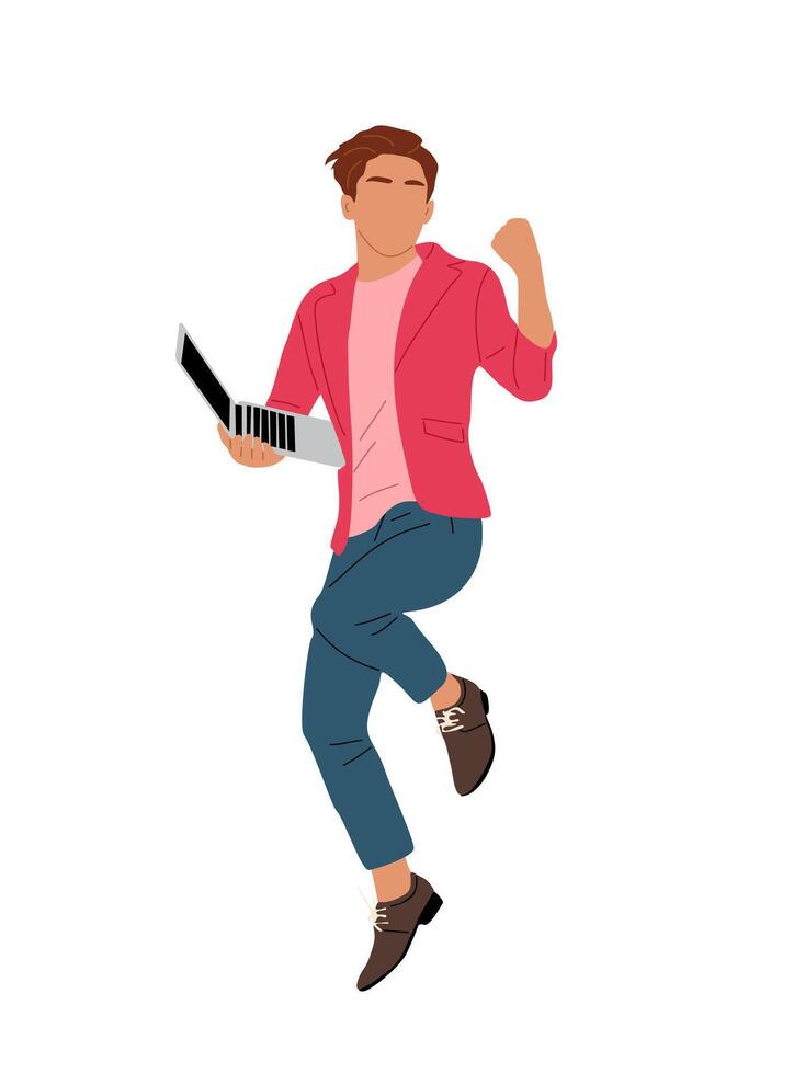 Business man jumping with laptop isolated. vector