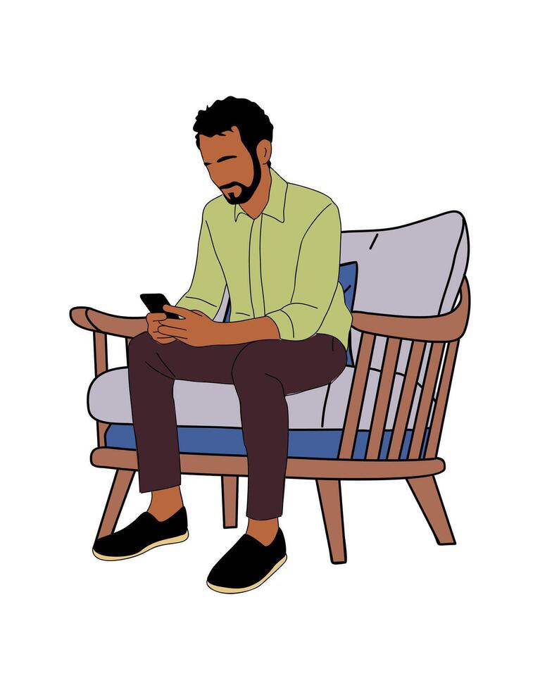 Business man sitting in armchair, using phone. vector