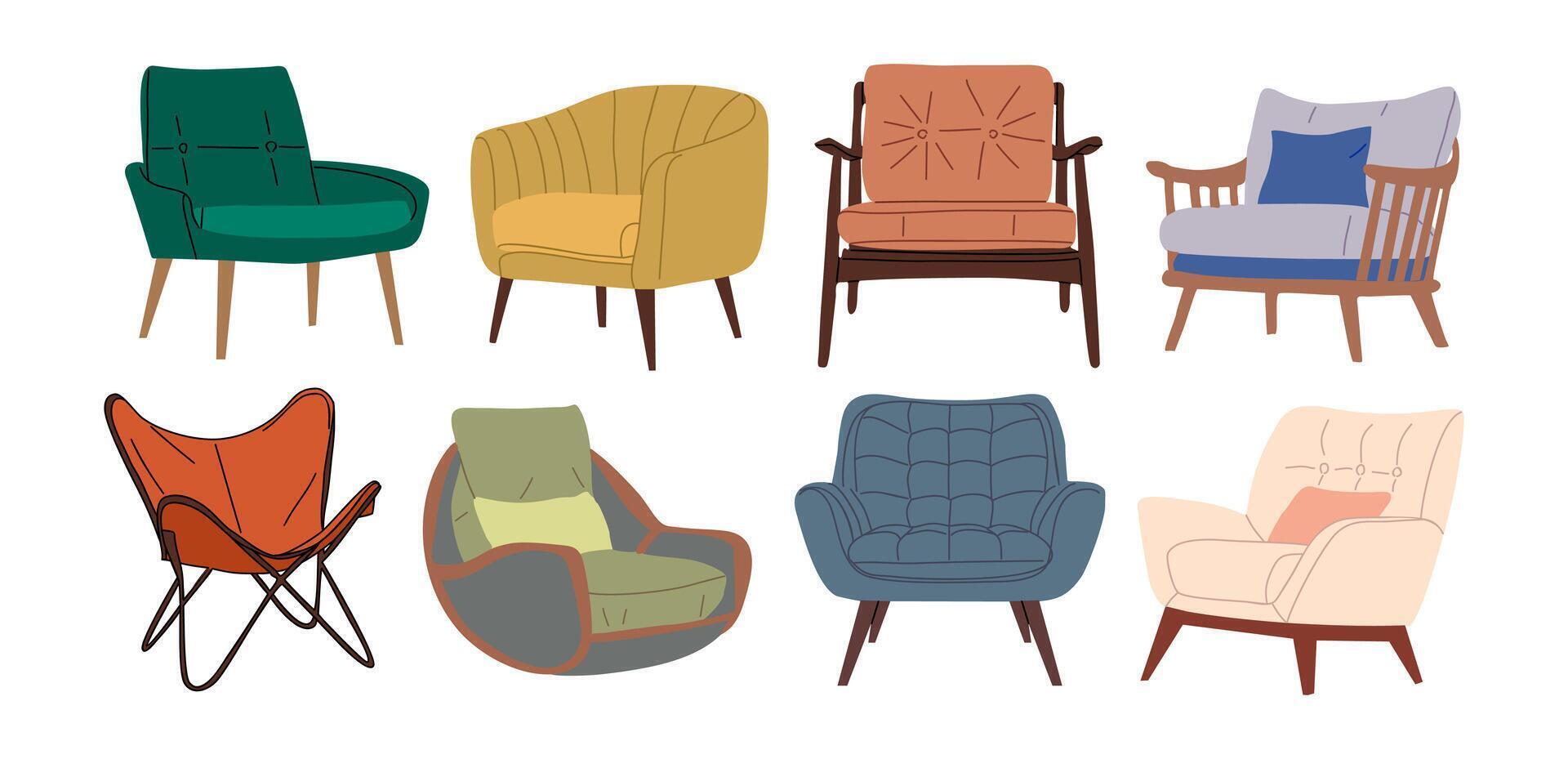 Set of vintage mid century modern armchairs. vector