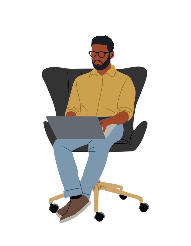 Business man sitting in chair, working on Laptop. vector