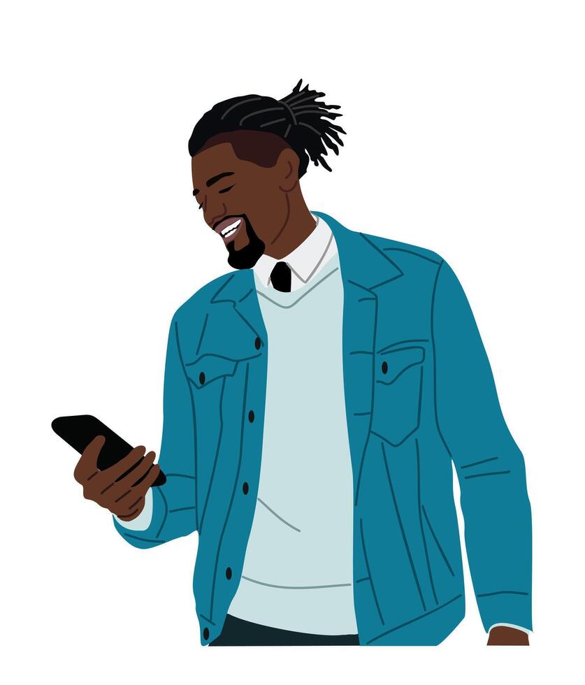 Black man holding mobile phone isolated. vector