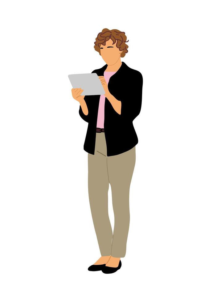 Business woman in casual outfit holding tablet. vector