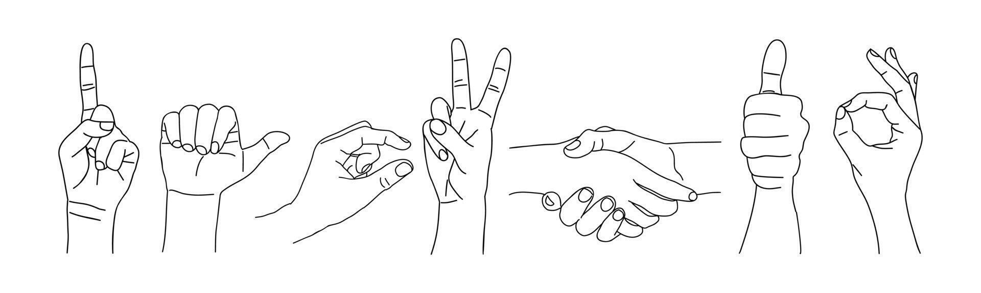 Different hand gestures set line art drawing. vector