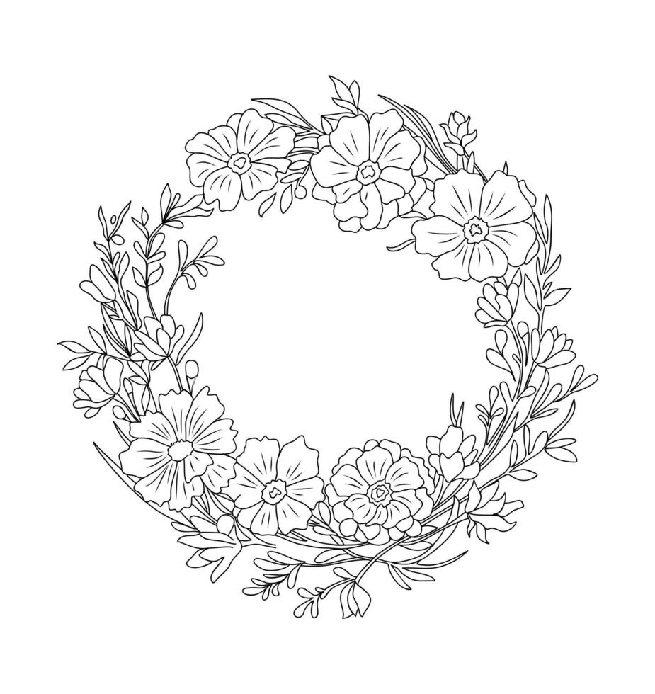 Hand drawn botanical wreath line art . vector
