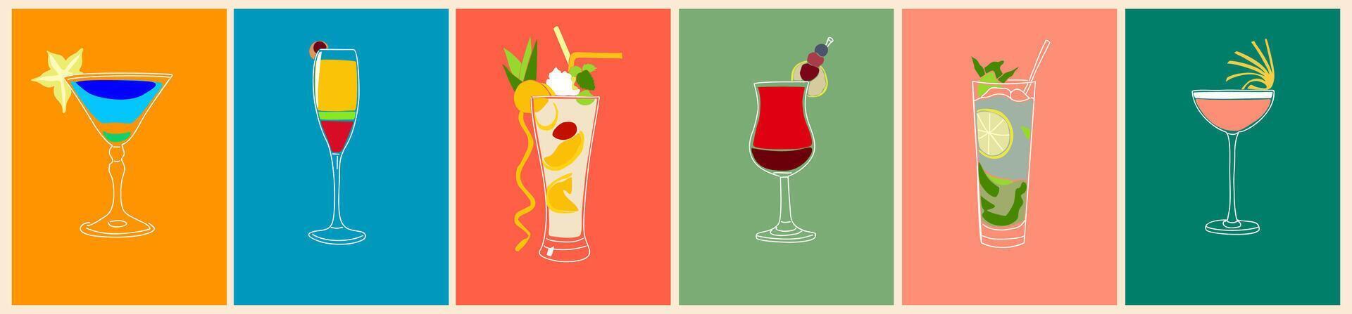 Set of cocktail drinks in different glasses. vector