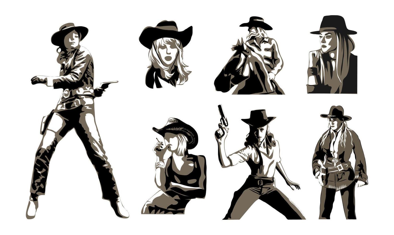 Set of cowgirl silhouettes black isolated. vector