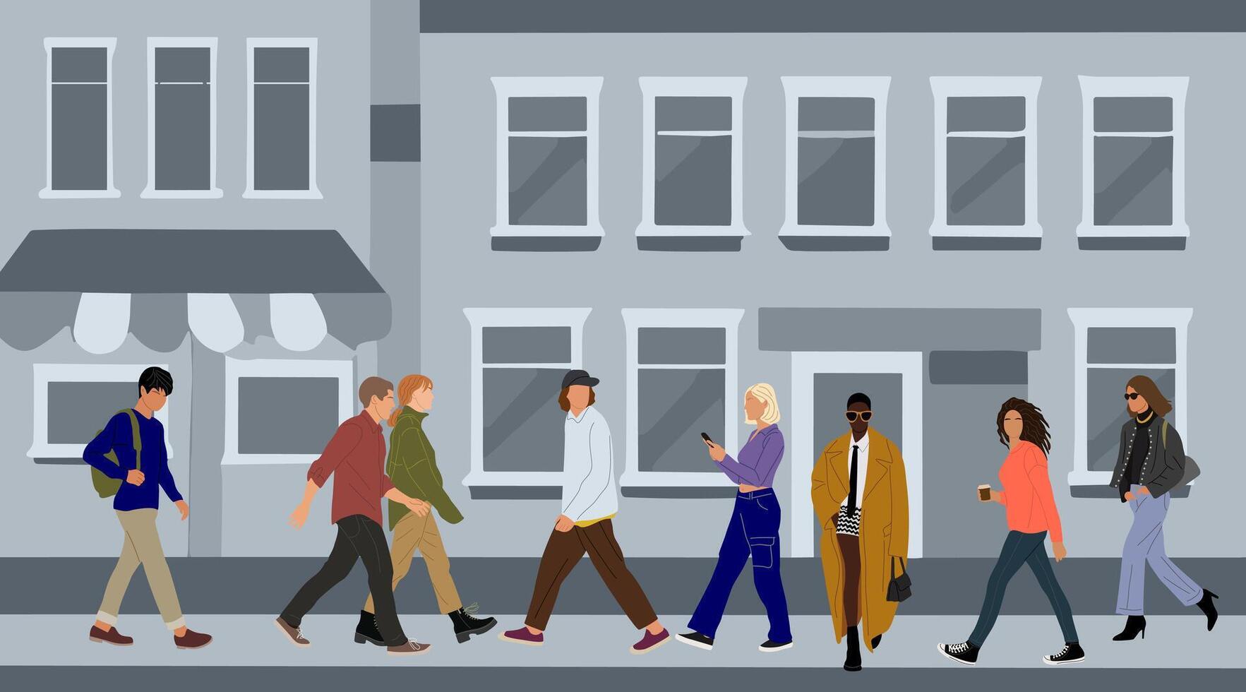 People walking along a street illustration. vector