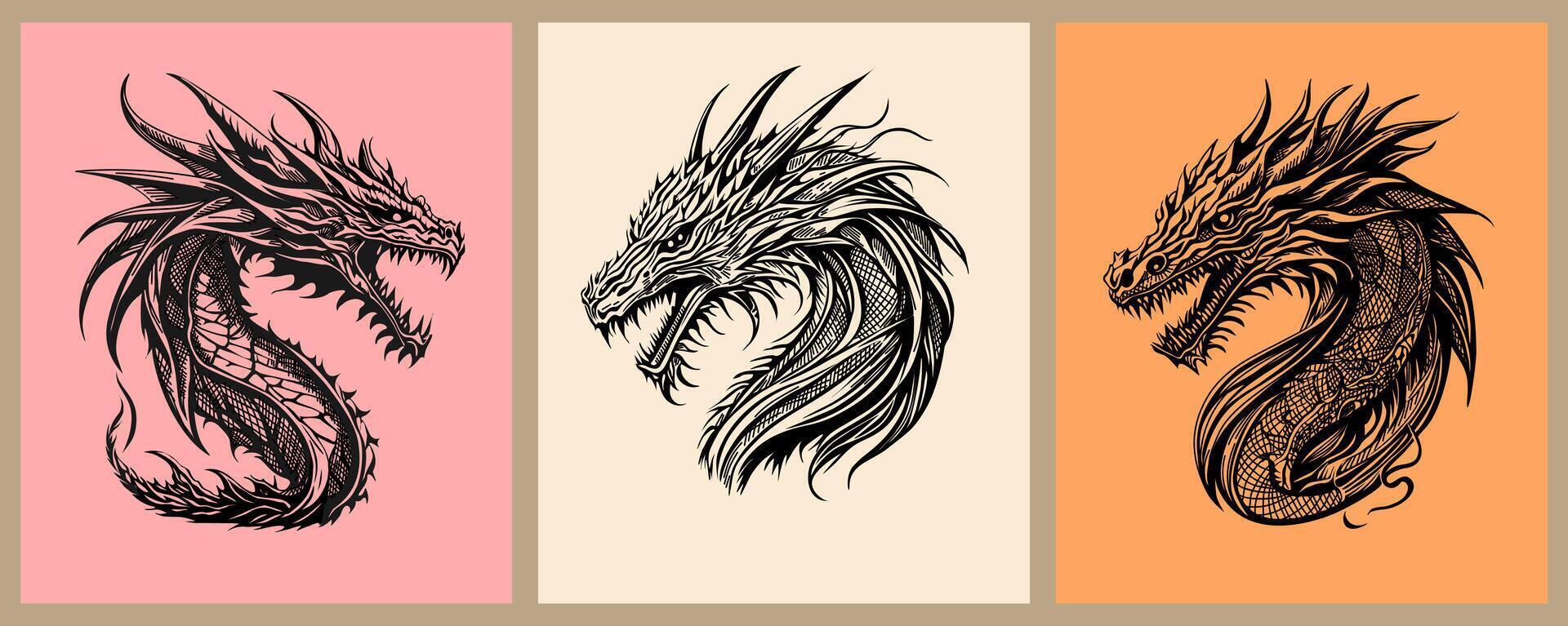 Japanese dragon black and white drawing. vector