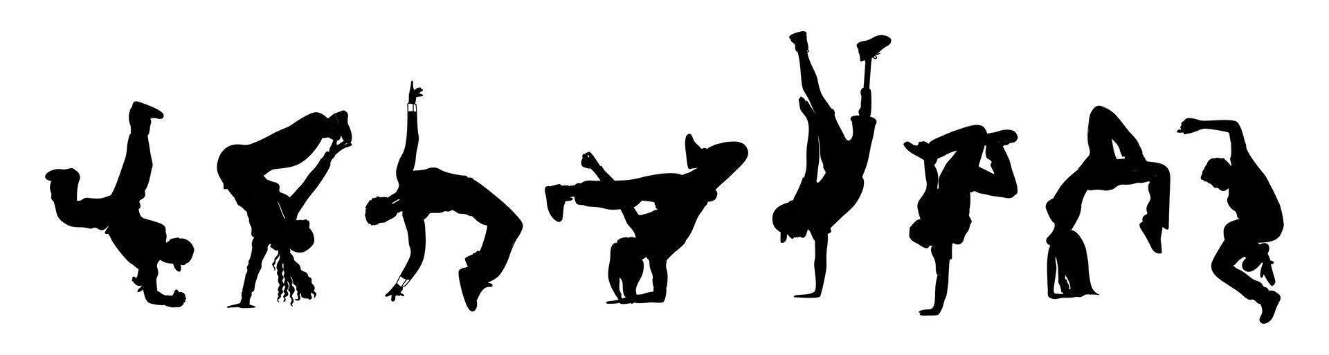 Silhouettes of different men, women break dancers. vector