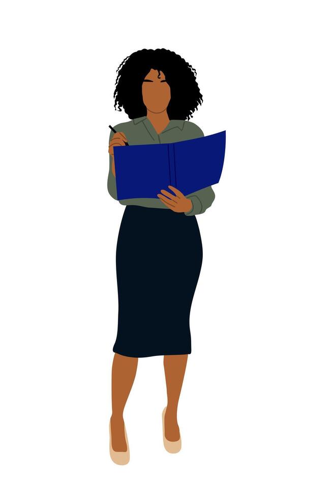 Modern black business woman holding folder . vector