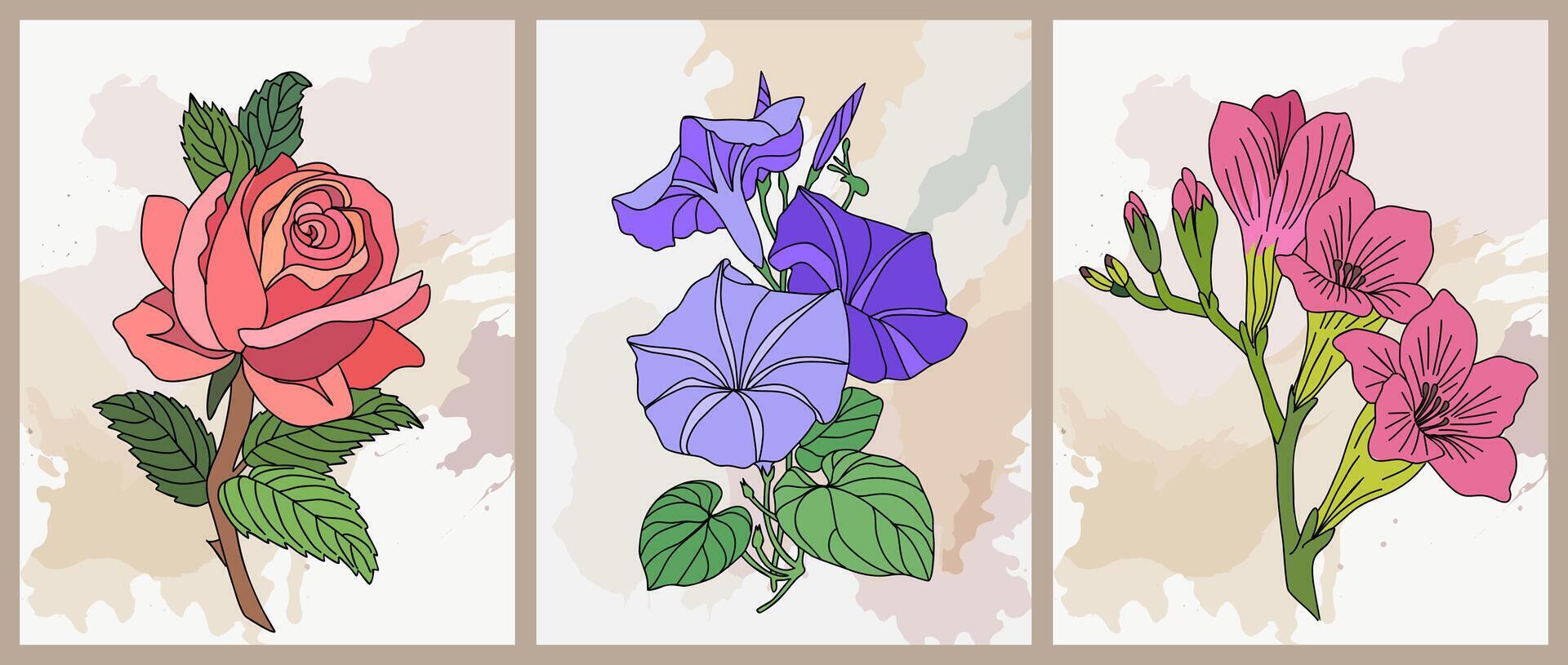 Set of birth month flower art posters. vector