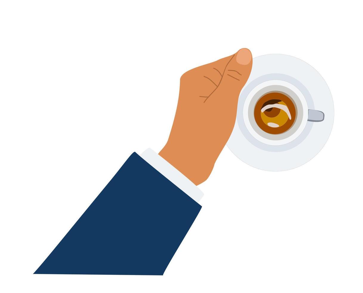 Male hand holding cup coffee, espresso top view. vector