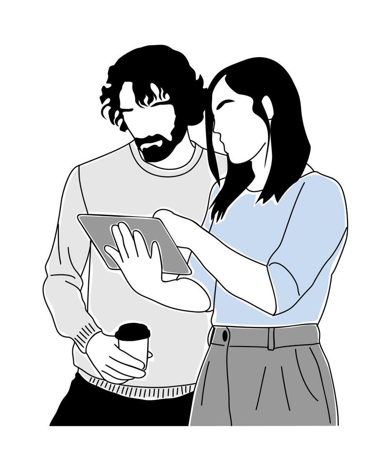 Men and women working on digital tablet vector