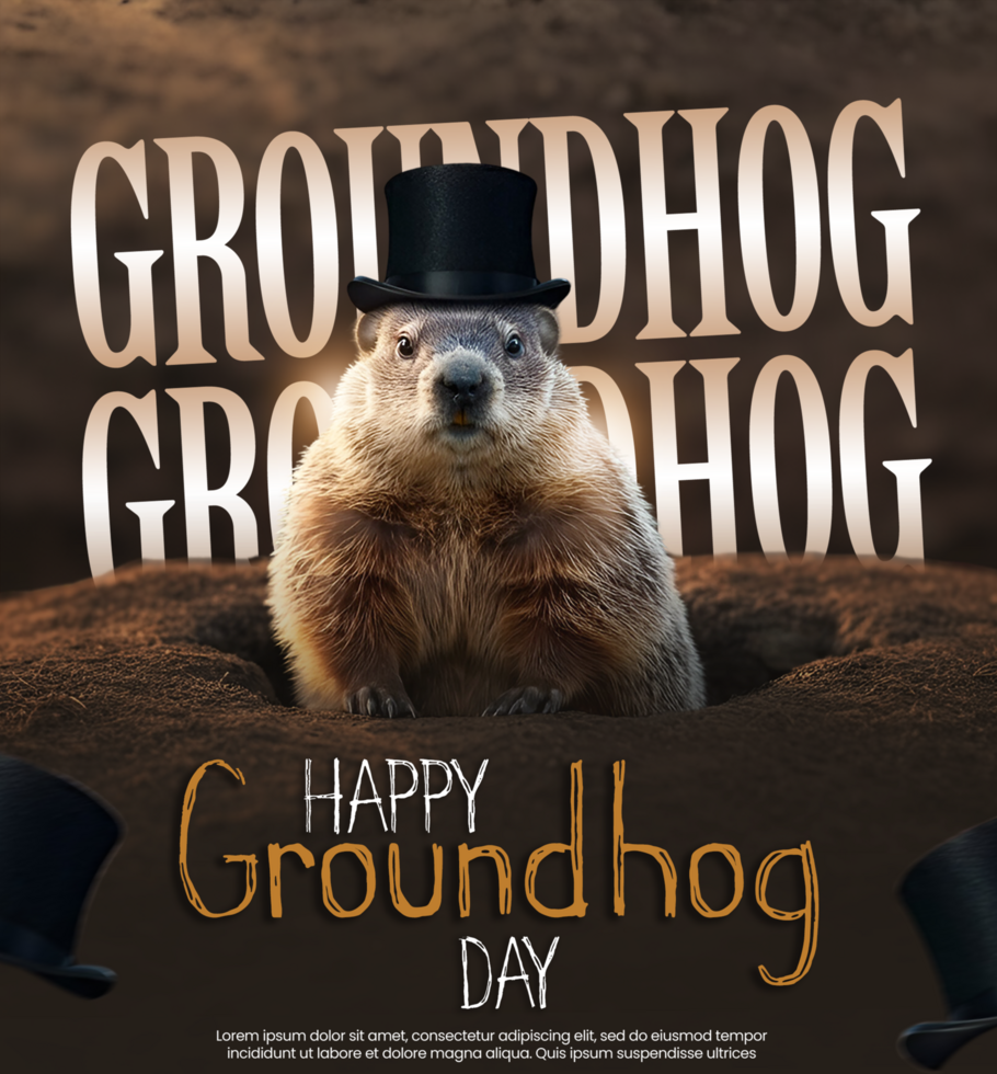 Groundhog celebration poster with groundhog wearing hat with groundhog greeting text Groundhog psd