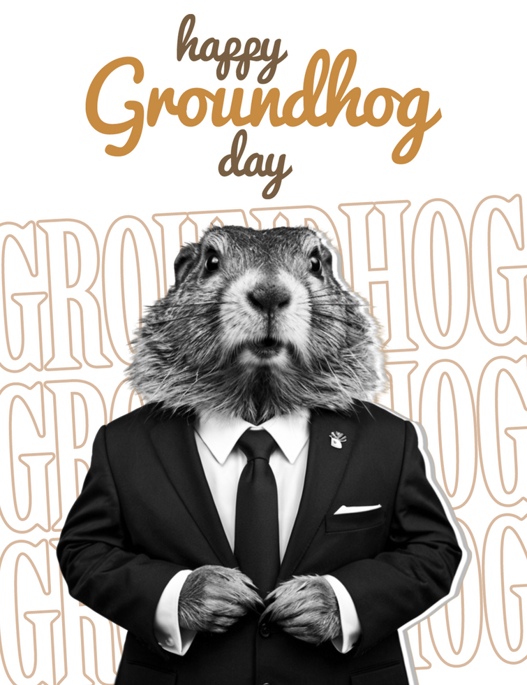 Groundhog greeting celebration poster with groundhog in suit background Happy Groundhog day psd