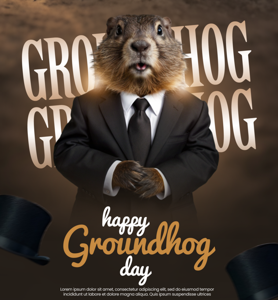 Groundhog greeting celebration poster with groundhog in suit background psd