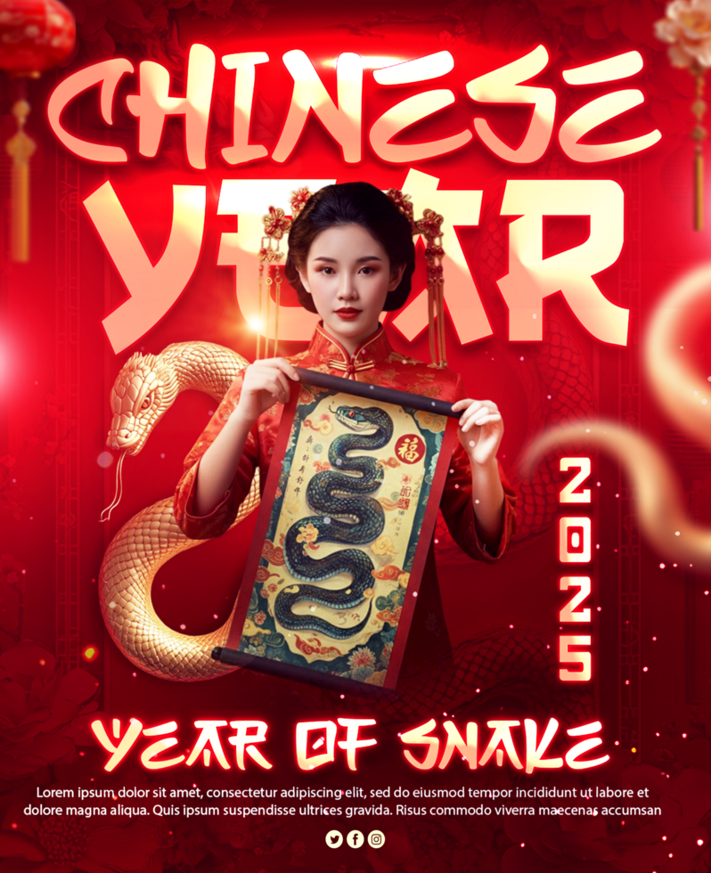 Year of the snake celebration poster design with Chinese girl background Chinese new year celebration psd