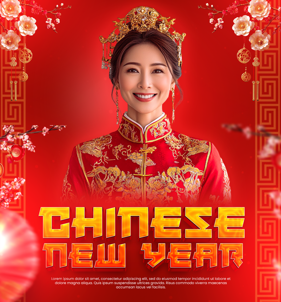 Chinese new year greeting card poster template design with Chinese girl background psd