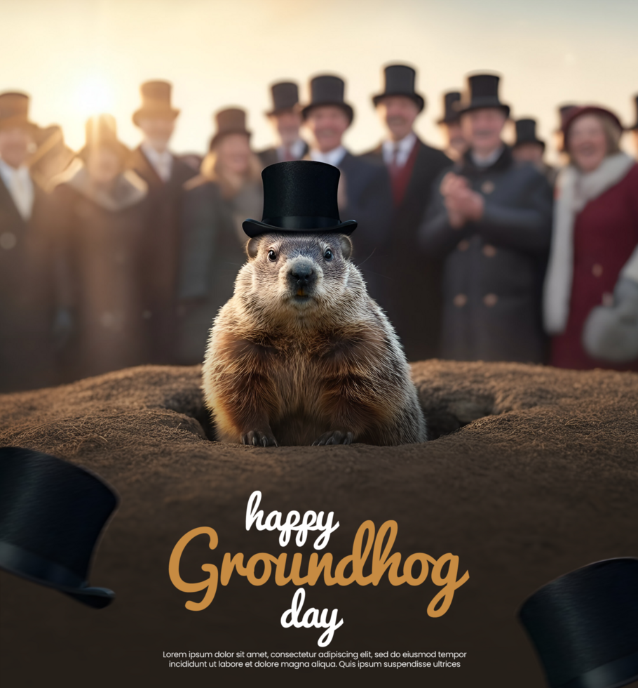 Groundhog celebration poster template for social media post with Groundhog and crowd background psd