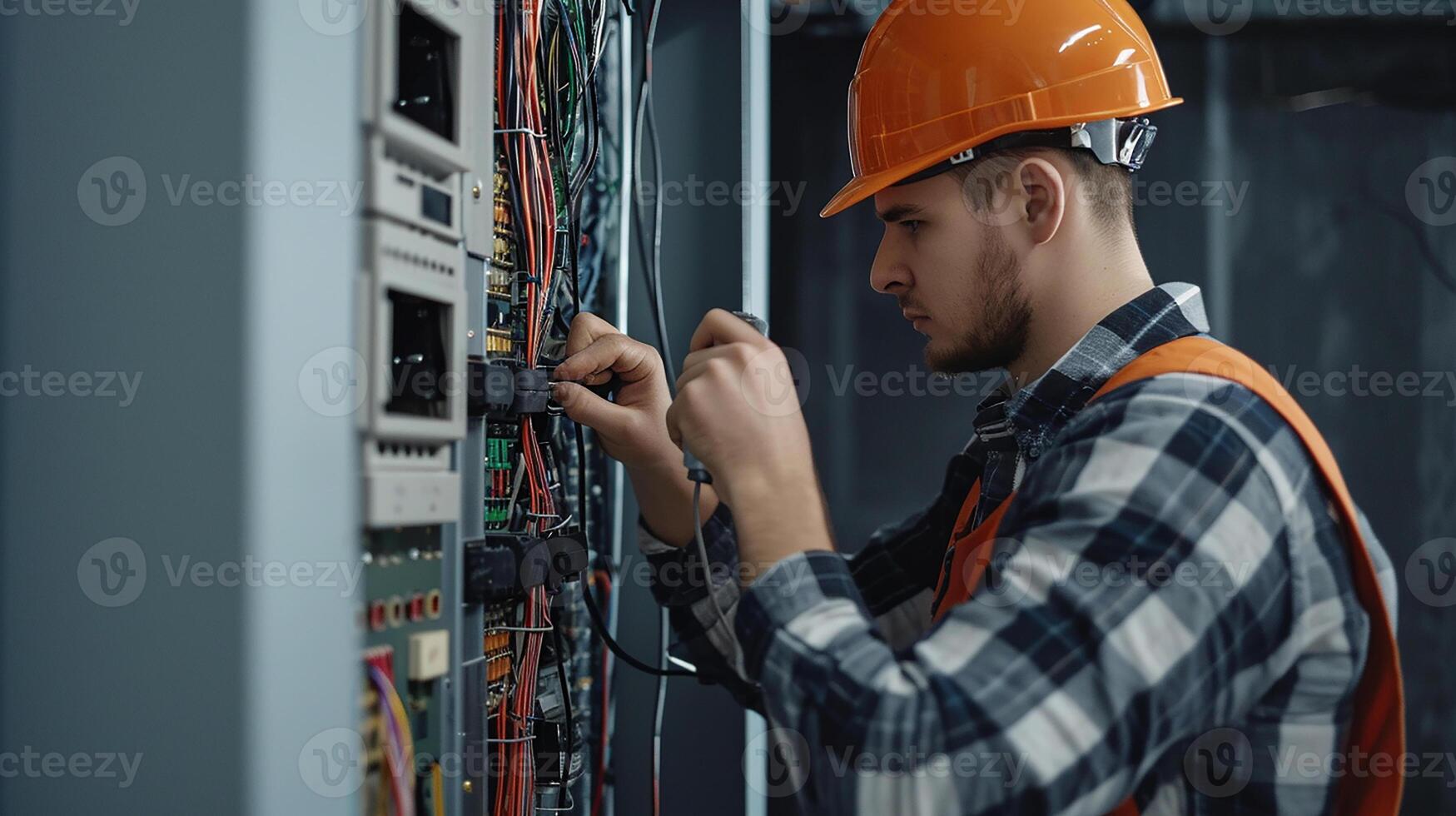 Electrician man installing electric switchboard system photo