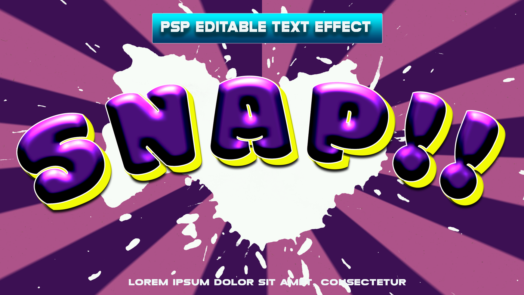 snap text effect with purple and yellow splatters psd