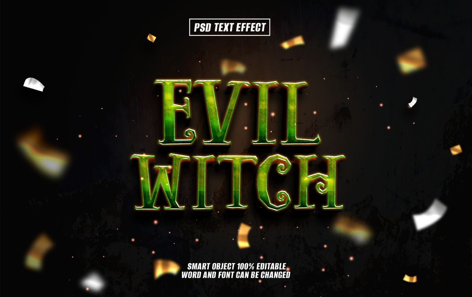 3D Evil Witch text effect with gold confetti psd