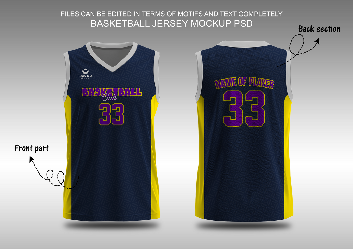 Dark blue and yellow basketball jersey mockup template psd