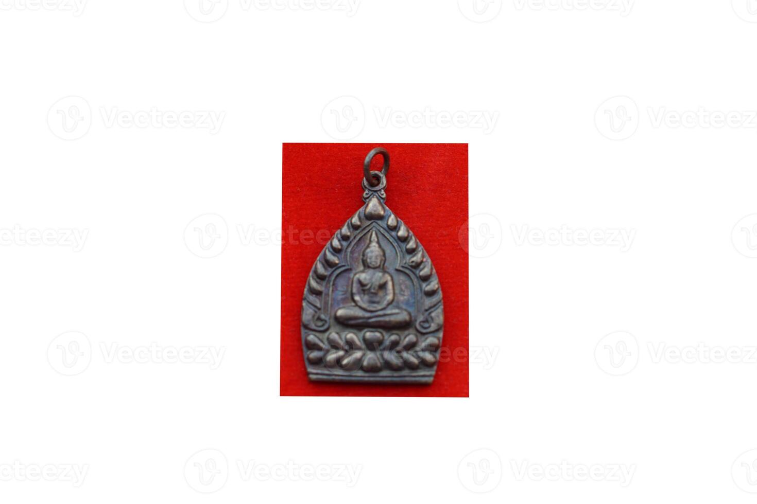 Buddha amulets on white background. Concept, faith and belief of Buddhist for holy to protect from danger, bring good luck, business prosperity and wealth. Collecting amulet as hobbies or exchange. photo