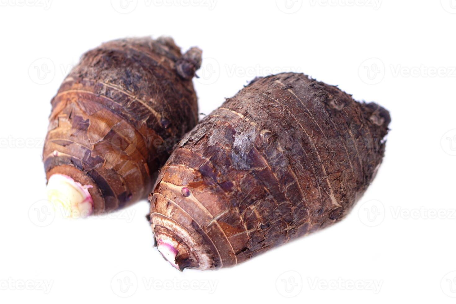 Fresh organic taro roots isolated on white background. Concept, edible plant root that can be cooked for many delicious menu of food and dessert. Agricultural crops. photo
