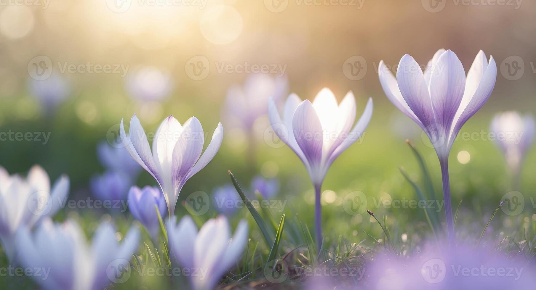 Blooming Crocus Flowers in Sunlit Grass Symbol of Spring and Natures RebirthBlooming Crocus Flowers in Sunlit Grass Symbol of Spring and Natures Rebirth. photo