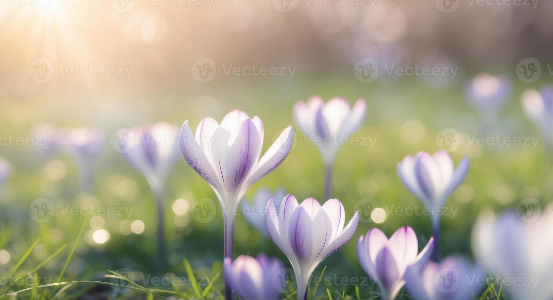 Blooming Crocus Flowers in Sunlit Grass Symbol of Spring and Natures Rebirth photo