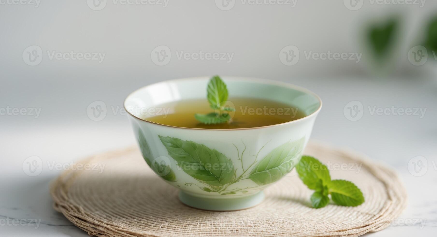 Elegant green tea in a bowl surrounded by fresh leaves on a woven matElegant green tea in a bowl surrounded by fresh leaves on a woven mat. photo