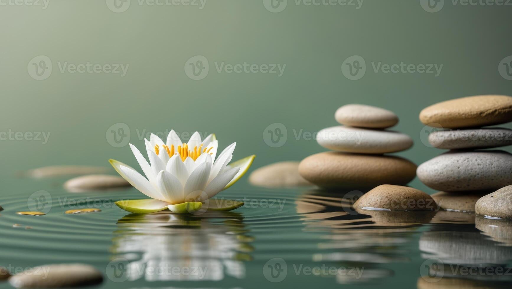 Serene Water Lily on Stacked Stones in Peaceful PondSerene Water Lily on Stacked Stones in Peaceful Pond. photo