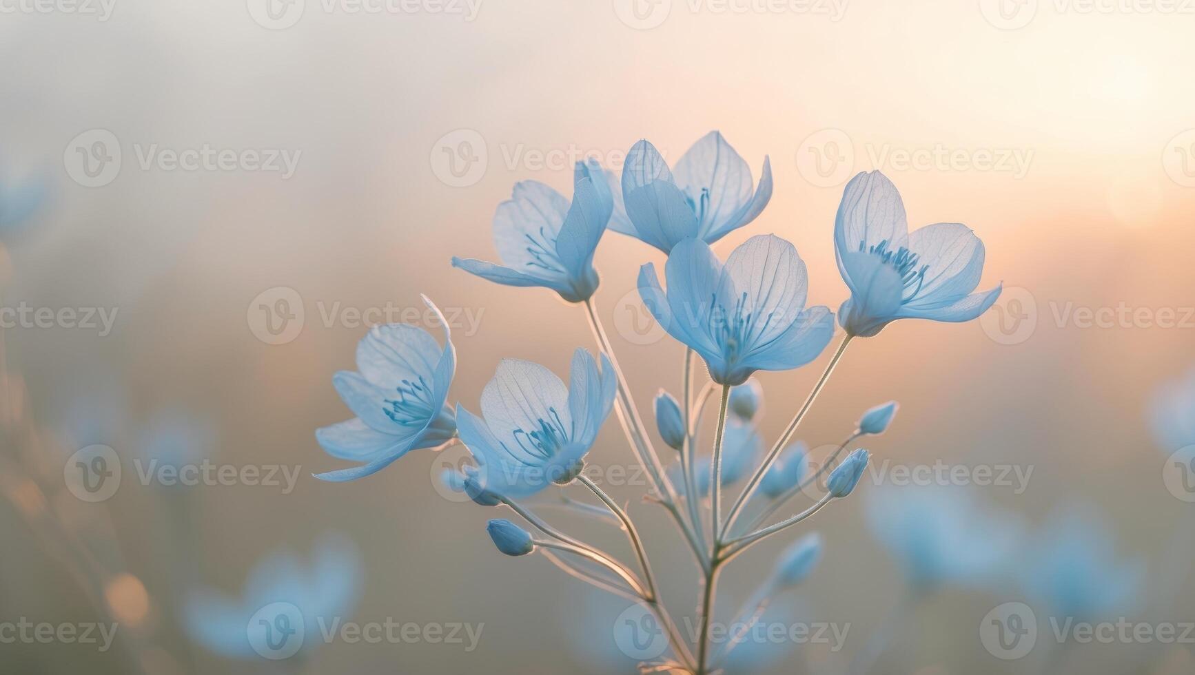 A cluster of delicate blue flowers bathed in the warm glow of the setting sun. photo