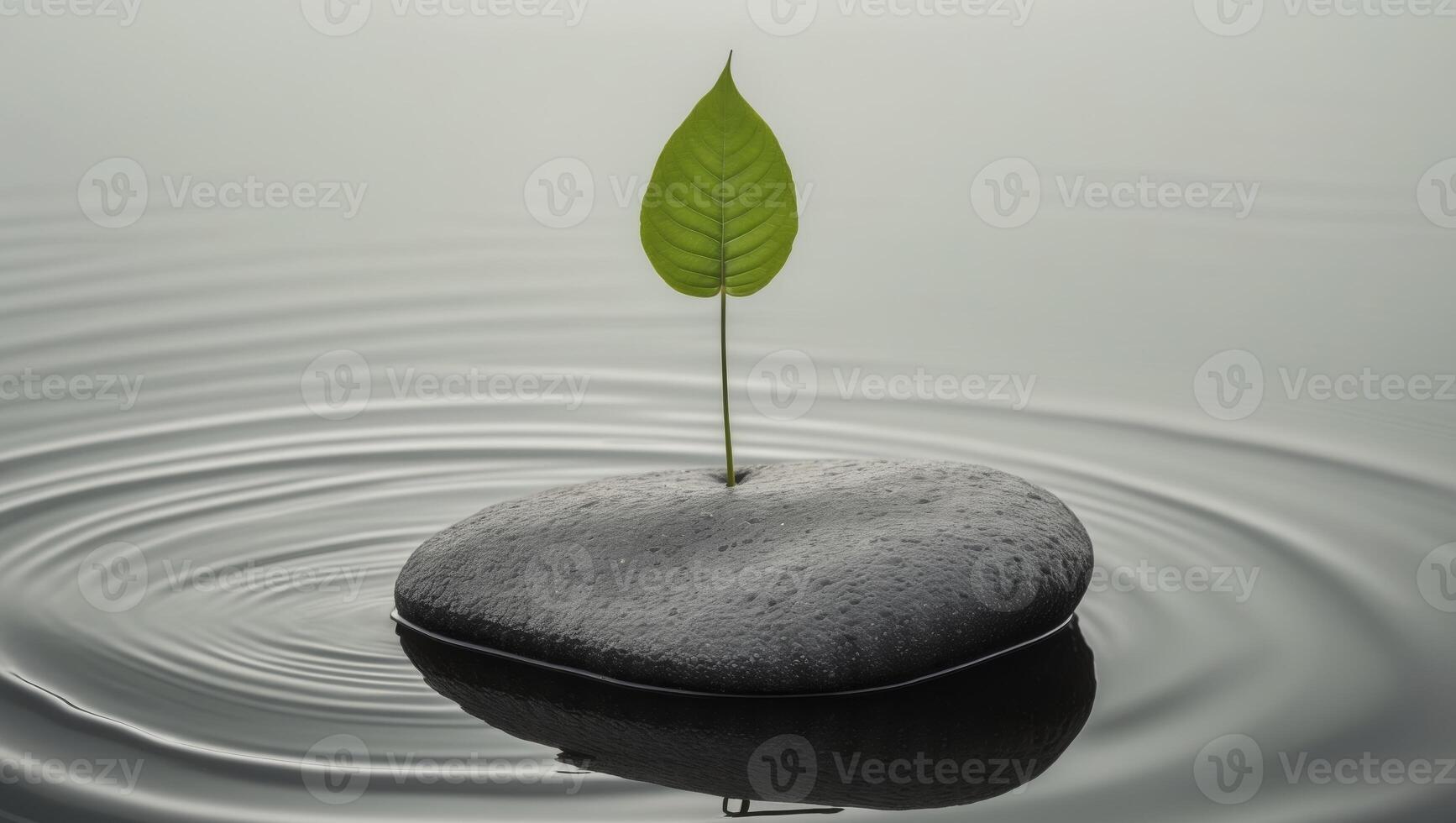 A rock in the middle of a body of water with a green leaf sticking out of it.A rock in the middle of a body of water with a green leaf sticking out of it. photo