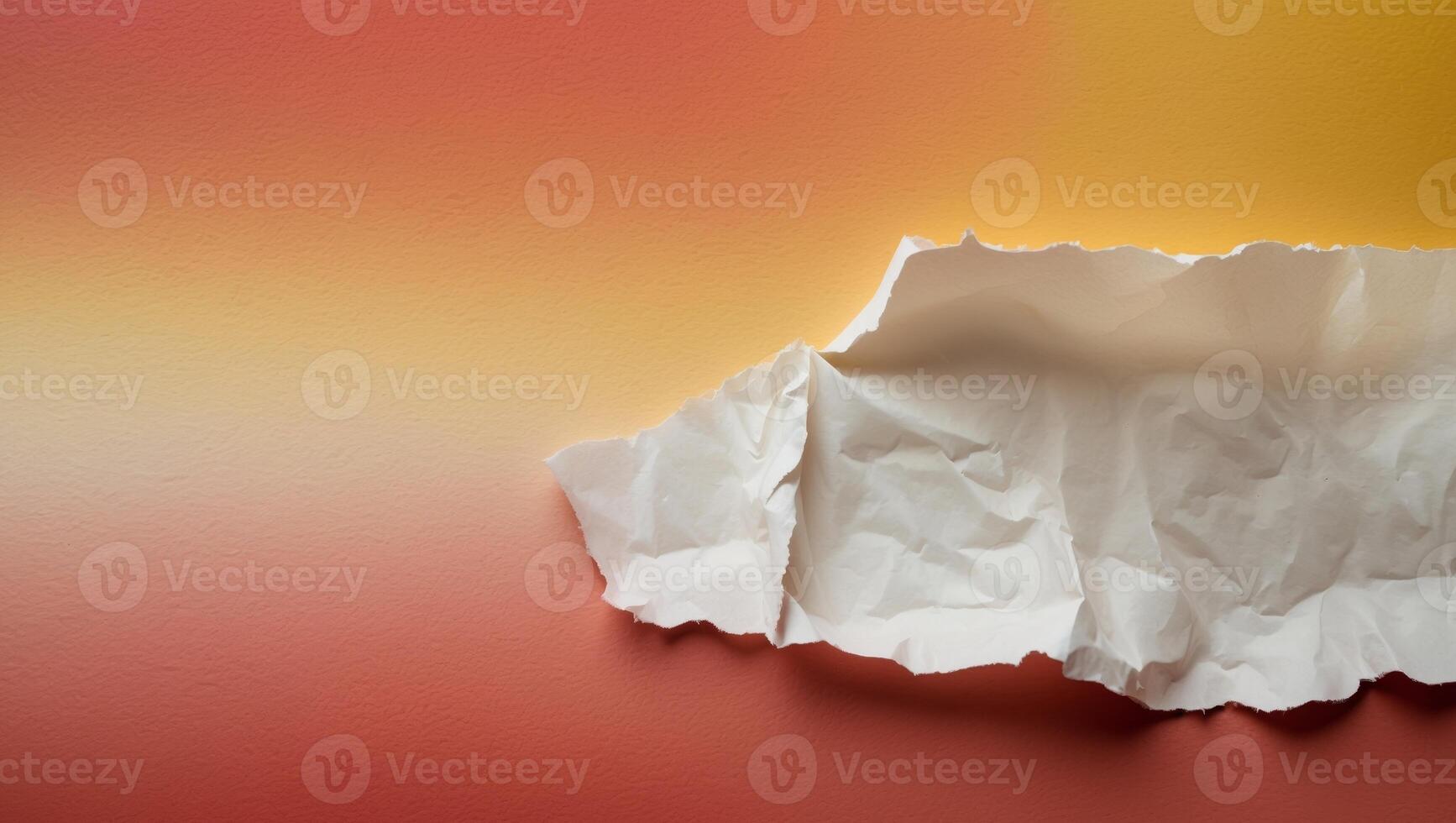 a red and yellow background with a torn piece of paper. photo