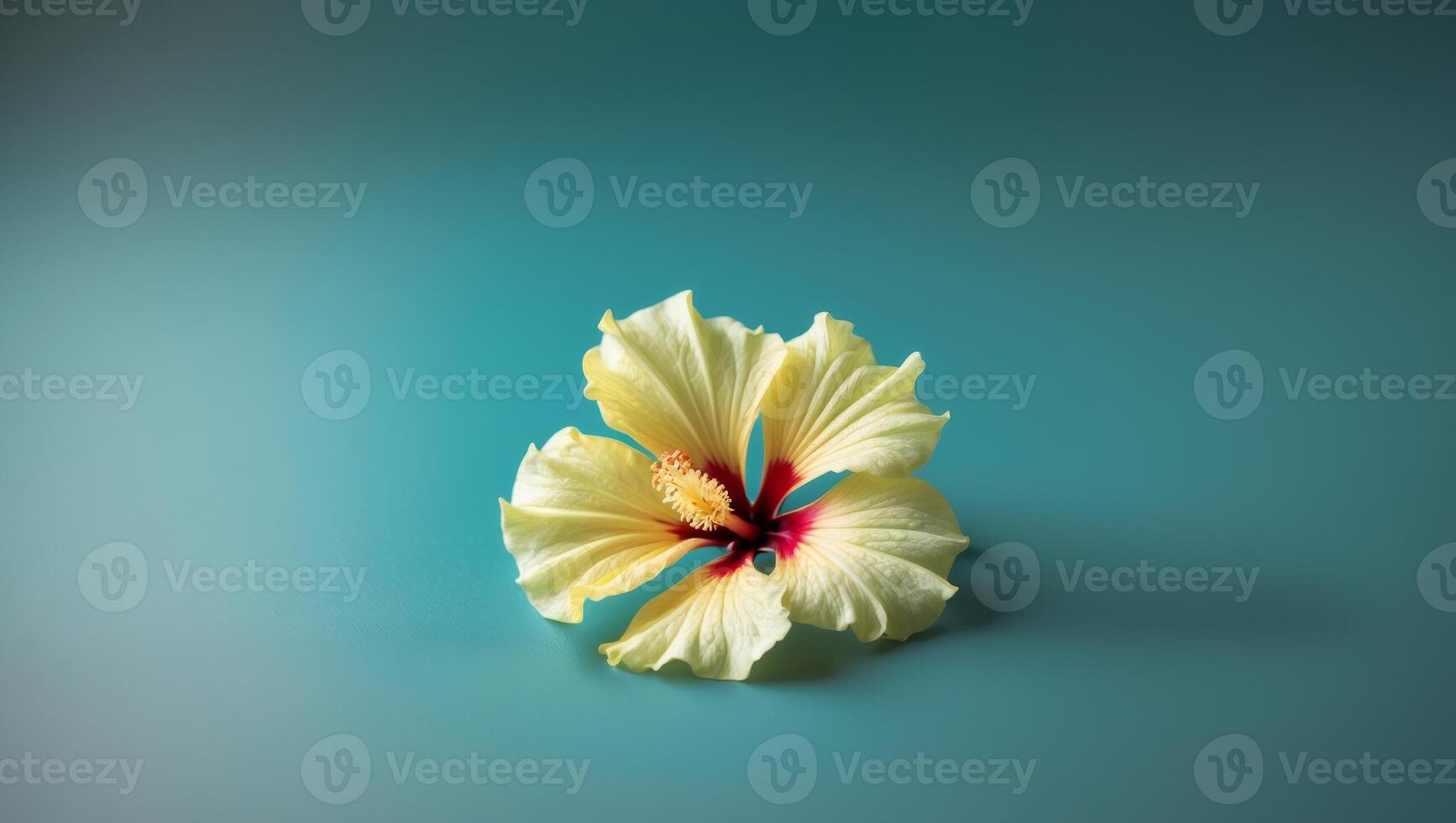 A single yellow hibiscus flower rests on a teal surface.A single yellow hibiscus flower rests on a teal surface. photo