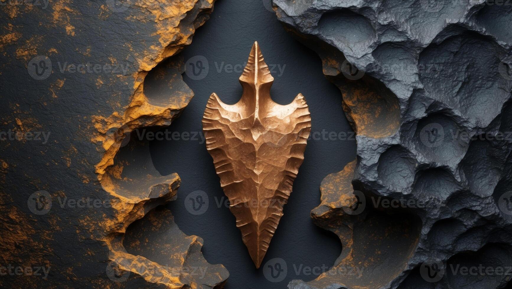 Bronze arrowhead design on dark textured background photo