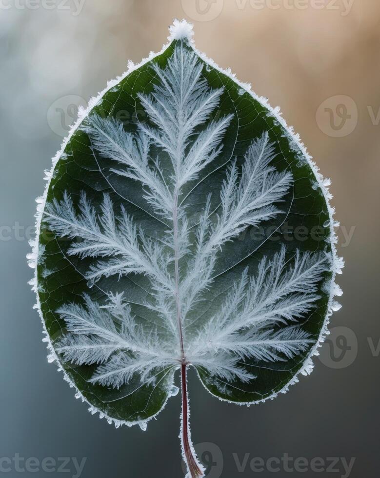 Frost crystals delicately adorn a dark green leaf surface photo