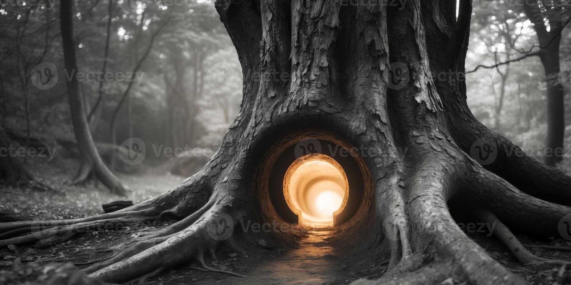 A hidden entrance in a tree trunk reveals a mysterious underground city beyond the surface photo