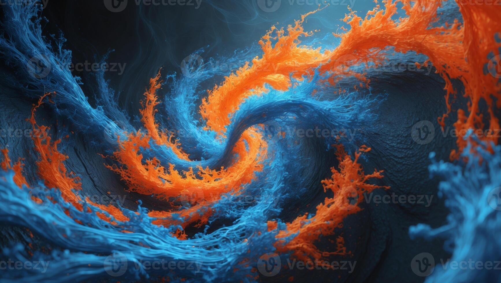Dynamic clash of blue and orange energies forming textured abstract vortex on dark background photo