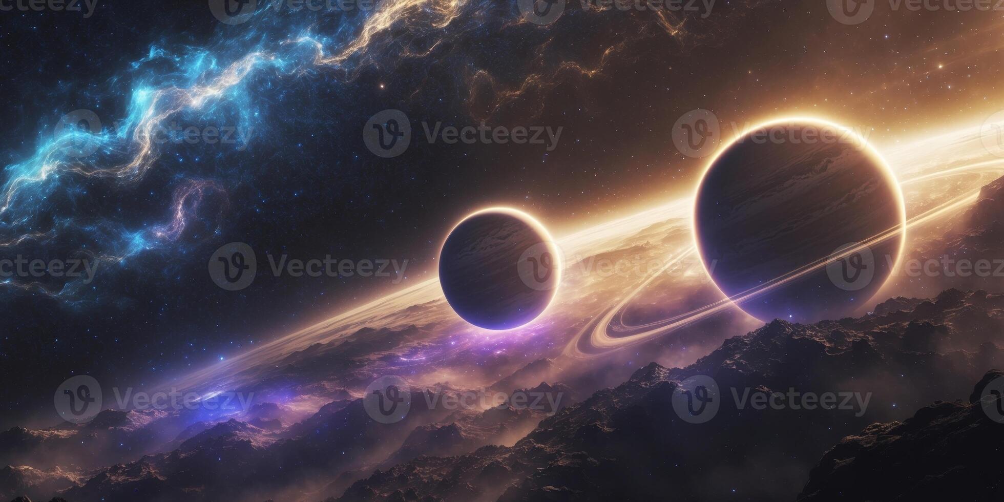 Cosmic Landscape of Three Planets in Deep Space Exploration with Dramatic Lighting and Vibrant Colors photo