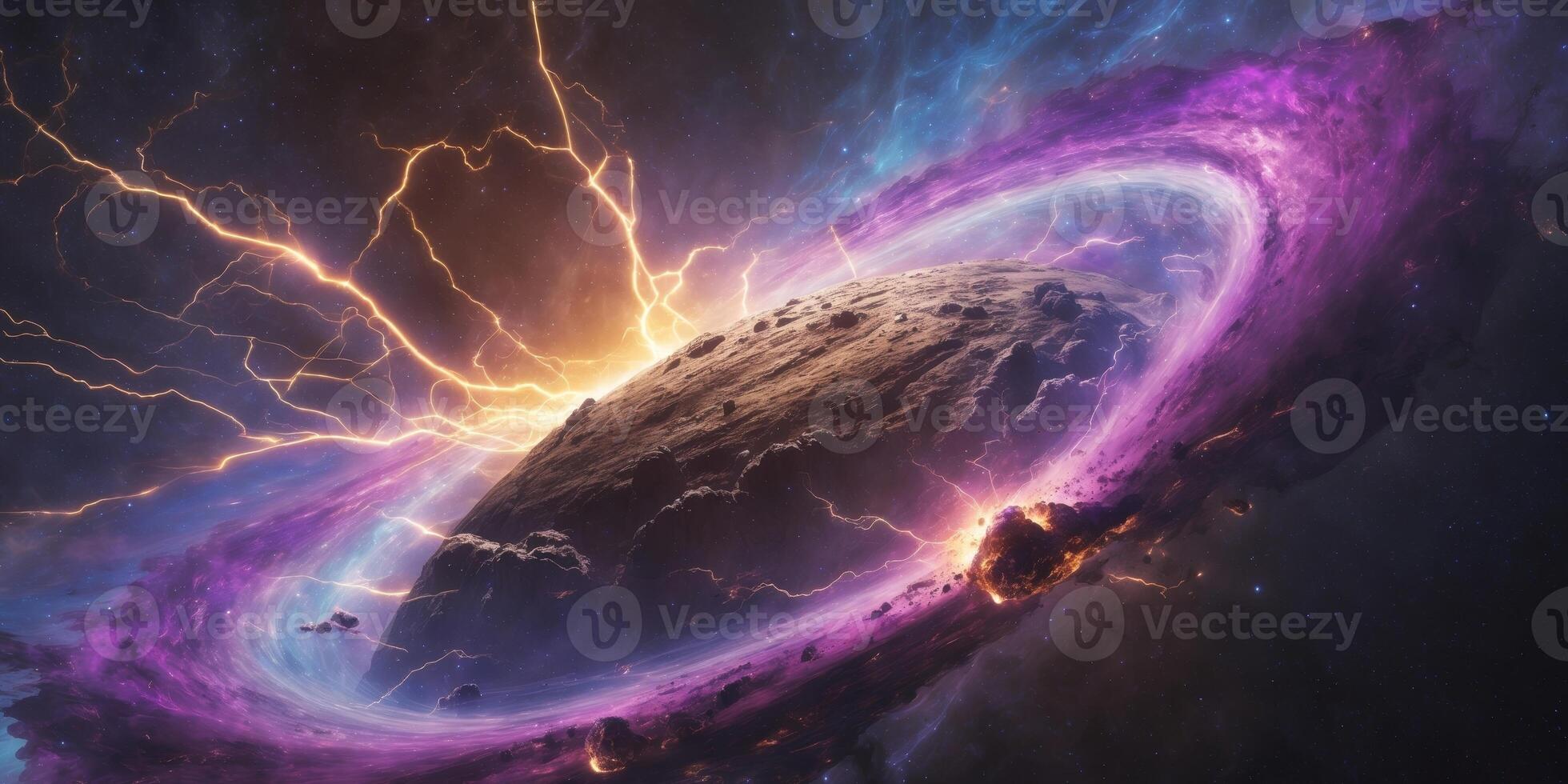 Vibrant Cosmic Scene Featuring Planet on Edge of Destruction with Nebula and Dramatic Lighting Effects photo